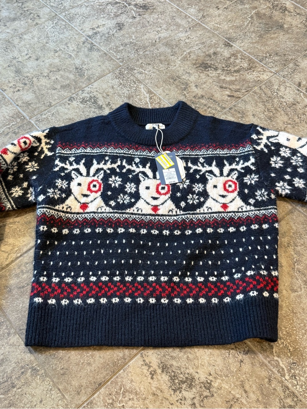 🥬Navy target dog Reindeer Fair Isle Crewneck Sweater
